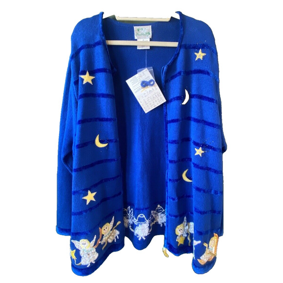 The Quacker Factory Sweater Womens 2XL Blue Knit Angel Full Zip Vintage NWT - Picture 1 of 15